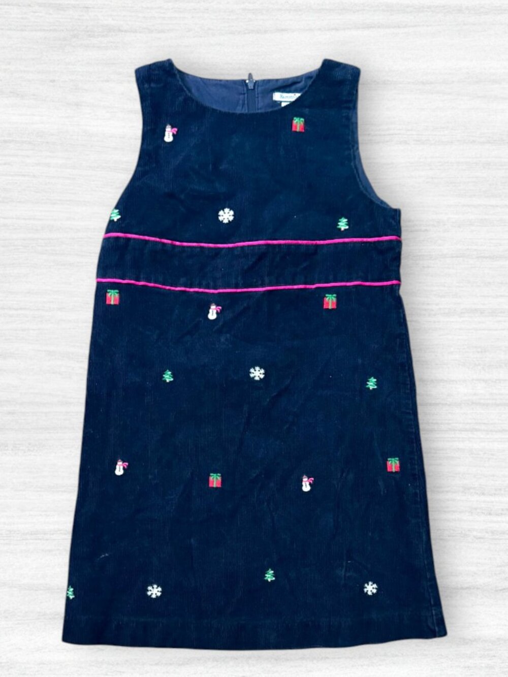 Hartstrings Vintage 90s Girls 7 Navy Embroidered Corduroy Christmas Jumper Dress